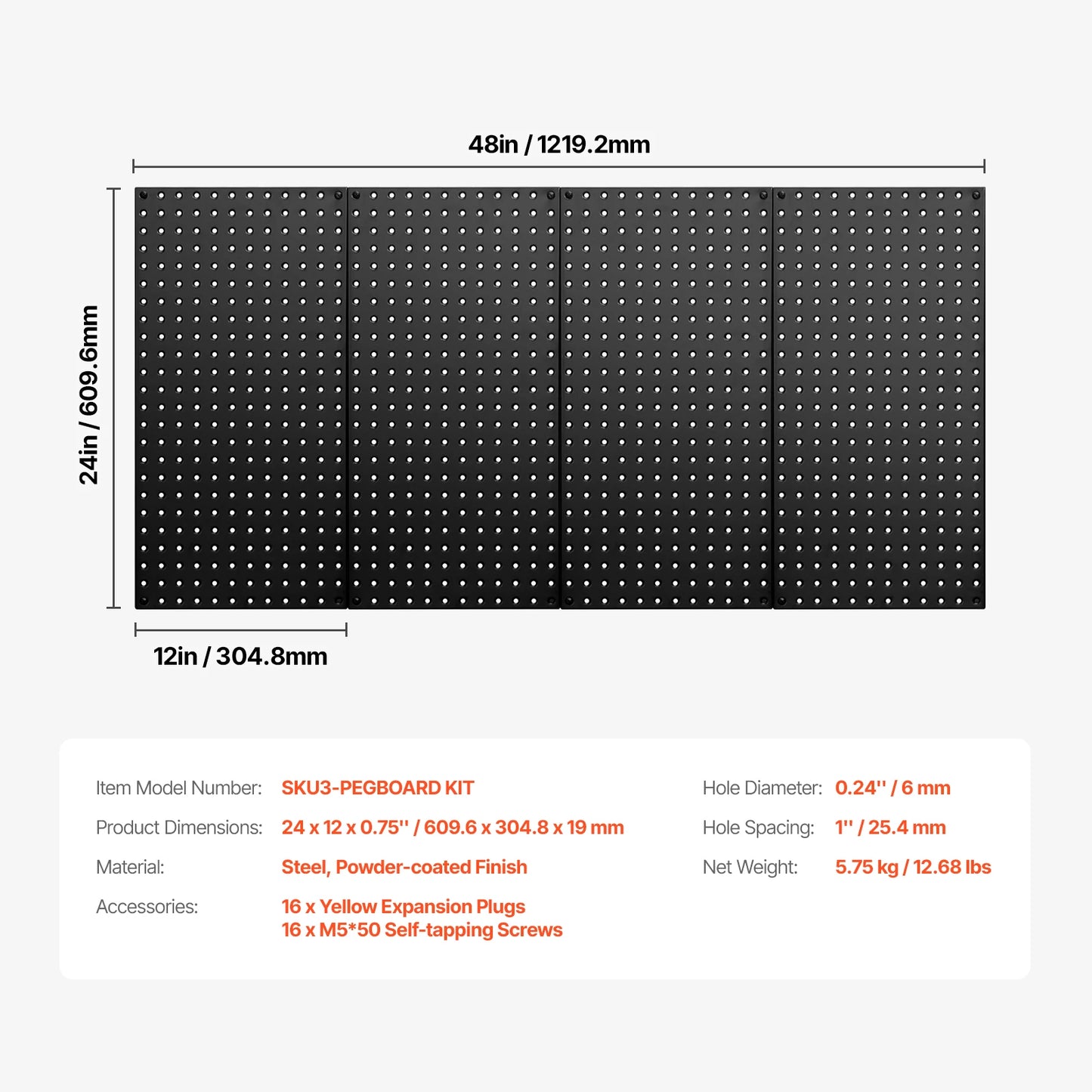 4 paneles de metal perforados de 24" x 12", organizador de herramientas de pared de acero 