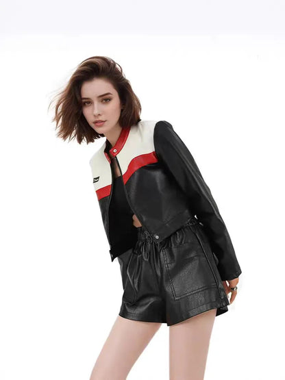 2025 new contrast color stitching motorcycle clothing short jacket hot girl female leather jacket Bikeproshop