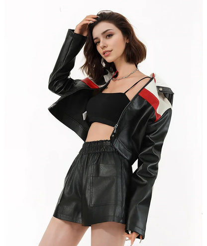 2025 new contrast color stitching motorcycle clothing short jacket hot girl female leather jacket Bikeproshop