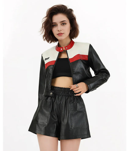 2025 new contrast color stitching motorcycle clothing short jacket hot girl female leather jacket Bikeproshop