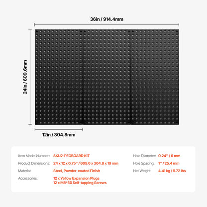 4 paneles de metal perforados de 24" x 12", organizador de herramientas de pared de acero 